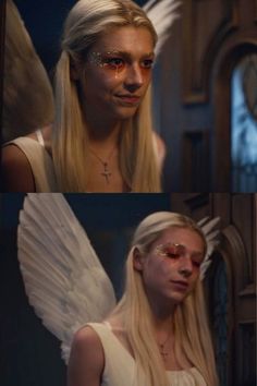 Jules Angel Makeup, Jules Juliet Euphoria, Chloe Sevigny Halloween, Halloween Costume Women Blonde, Angel Costume Aesthetic Makeup, Jules Euphoria Halloween Costume, Jules Angel Costume, Jules Halloween Costume, Blond Hair Halloween Costumes