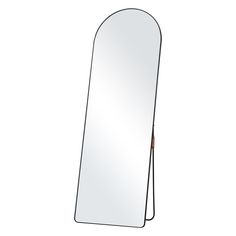 an oval mirror is shown with a black stand on the bottom and one arm hanging from it's side