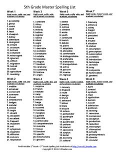 the 5th grade master spelling list is shown in black and white, with words that spell out