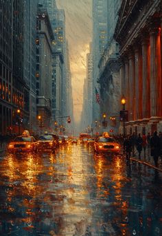 a city street filled with lots of traffic on a rainy day