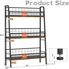 three tiered metal shelving unit with measurements