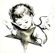 a black and white drawing of a baby with angel wings on it's back