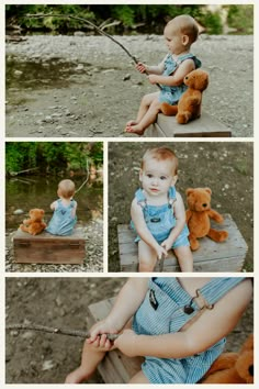 a baby sitting on a bench with a teddy bear and fishing rod in his hands