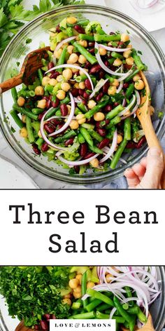 three bean salad in a glass bowl with onions, broccoli and red onion