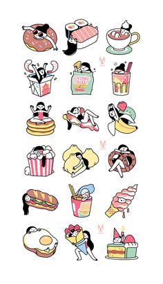 various stickers with different types of food on them