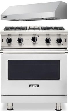 a stainless steel stove with four burners and an oven hood on the top shelf