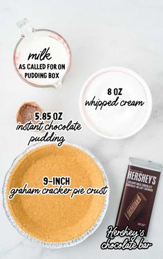 ingredients needed to make an ice cream pie on a marble counter top with text overlay