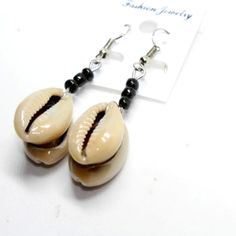 Handmade Cowrie Shell Earrings Approx 2"L New Black Hoop Earrings For Summer Gift, Casual Black Earrings For Summer, Black Casual Summer Earrings, Casual Black Summer Earrings, Cowrie Shell Earrings, Hello Kitty Earrings, Wedding Earrings Studs, Wedding Studs, Open Hoop Earrings