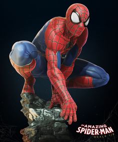 the amazing spider - man statue is on display in front of a black background,