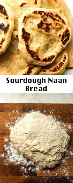 homemade sourdough naan bread on a cutting board