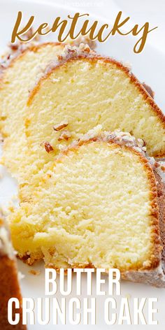 a close up of a slice of cake on a plate with the words butter crunch cake