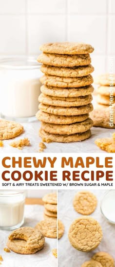 a stack of chewy maple cookies next to a glass of milk