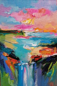 an abstract painting of colorful clouds and water