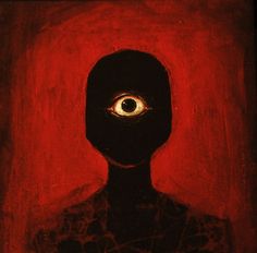 a painting of a person with an eyeball in the middle of their face, against a red background