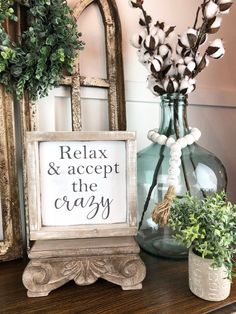 a sign that says relax and accept the crazy on it next to some potted plants