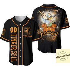 a baseball jersey with an image of a cartoon character on the front, and pumpkins in