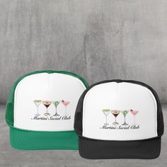 Introducing our "Martini Social Club" Trucker Hat - the epitome of chic and sassy style for bachelorette parties and beyond! 🍸✨ Designed for the elegant and cool bride and her squad, or any martini enthusiast, this hat is the perfect blend of sophistication and fun.  Featuring a sleek design with various martinis, it's a fabulous accessory that complements themes like bikinis and martinis, martini & matrimony, martinis and mountains, tini time, and more! 🌟  Crafted to be both a memorable bachelorette party favor and a fashion statement beyond the celebration, it's available in classy black, vibrant green, or playful pink. 🎀 Embrace the celebration with this versatile trucker hat that combines style and a touch of martini magic. Elevate your bachelorette bash and let the good times roll Martini And Bikinis, Martinis And Bikinis Bachelorette Decor, Fitted Mini Party Cap, Retro Curved Brim Party Hat, Fitted Mini Cap For Party, Fitted Mini Cap For Parties, White Snapback Party Hat, White Snapback Hat For Party, Bikinis And Martinis Bach Party Decor