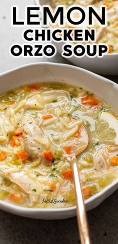 a bowl of lemon chicken orzo soup with a spoon in it and the title overlay reads, lemon chicken orzo soup