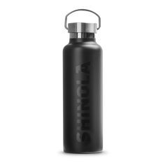 a black stainless steel water bottle with the word shilon on it's side