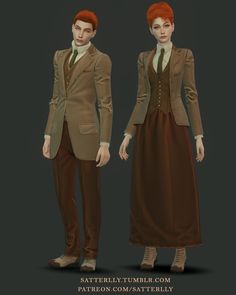 a man and woman dressed in brown clothing