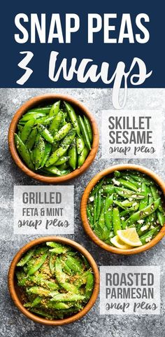 three bowls filled with green beans and some lemon wedges on top of each bowl