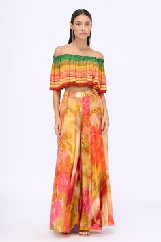 Multicolor off-shoulder top with stripe print. Paired with floral print wide legged pant. - Aza Fashions Wide Leg Pleated Pants, Love Struck, Flared Top, Flare Top, Printed Wide Leg Pants, Top And Pants Set, Pleated Pants, Co Ord Set, Effortless Chic