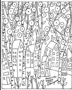 a black and white drawing of trees with buildings in the background