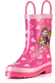 a child's pink boot with hearts and dogs on the side, in front of a white background