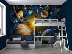 a bedroom with a bunk bed and space themed wallpaper