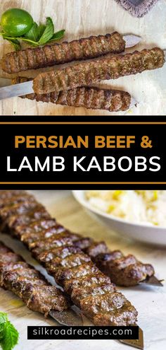 the recipe for persian beef and lamb kabobs is shown in three different pictures