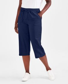 in stock Blue Relaxed Fit Capris, Navy Knee-length Bottoms With Pockets, Blue Stretch Knee-length Pants, Navy Casual Knee-length Bottoms, Blue Cotton Knee-length Capris, Blue Knee-length Cotton Capris, Blue Knee-length Bottoms With Elastic Waistband, Industrial Blue, Capri Pants