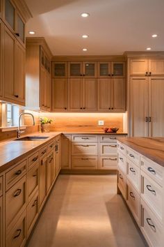 a kitchen filled with lots of wooden cabinets