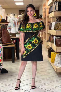 This Beautiful Off the Shoulder Mexican Dress is the perfect Party dress. It's lightweight with elastic around the shoulder and ties on the back for an adjustable fit. It is embroidered with vibrant Sunflowers and has lace details. Machine Embroidered- hand manipulated. Embroidery will vary on each unique dress. Available size: S - 3X Fitted Floral Embroidery Sundress, Fitted Off-shoulder Embroidered Dress With Floral Design, Fitted Off-shoulder Floral Embroidered Dress, Fitted Embroidered Sundress For Summer, Fitted Embroidered Sundress, Sunflower Quinceanera Dress, Mexican Party Dress, Mexican Traditional Dress, Mexican Quinceanera Dresses