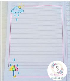 a notepad with an umbrella and rain on it, next to a photo of the letter s