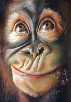 a painting of an orangutan's face with orange and black hair