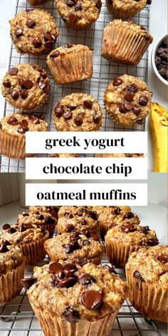 greek yogurt chocolate chip oatmeal muffins on a cooling rack