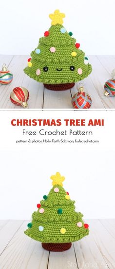 a crocheted christmas tree sitting on top of a wooden table