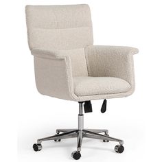 a white office chair with wheels and casteors on an isolated surface, viewed from the front