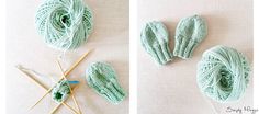 there are two pictures with yarn and knitting needles on the same side, one is green