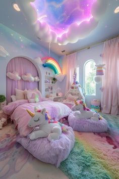 this is a bedroom decorated in pastel colors with unicorns on the bed and rainbow curtains