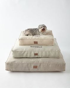 a dog is laying on top of three pillows that are stacked up in front of each other