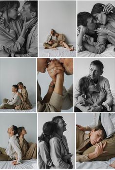 multiple pictures of people sitting on a bed together and one woman holding the man's hand