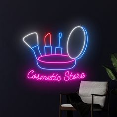 a neon sign that says cosmetic store with scissors and hairbrushes in the bowl