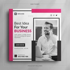 a pink and black business brochure with a man talking on the phone