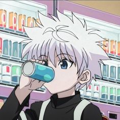 an anime character drinking from a cup in front of a pink building with white hair and blue eyes