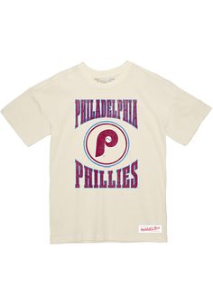 Mitchell and Ness Philadelphia Phillies White Arched Logo Slub Short Sleeve Fashion T Shirt Throwback Cotton Tops With Team Name, Throwback Relaxed Fit Tops For Game Day, Relaxed Fit Throwback Tops For Game Day, Throwback Cotton Tops For Sports Season, Throwback Cotton Tops For Sports Events, Throwback Text Print Crew Neck Tops, Throwback Crew Neck Top With Text Print, Phillies Shirts, Phillies Shirt