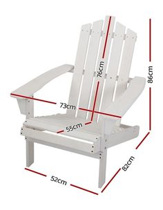 a white adiron chair with measurements for the seat and back side, on a white background