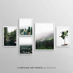 four pictures hanging on a wall with the words netunet art prints / on etsy