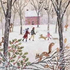 a painting of children playing in the snow with their dogs and deers by a red house