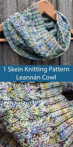 a knitted cowl with text that reads, 1 skein knitting pattern leann co